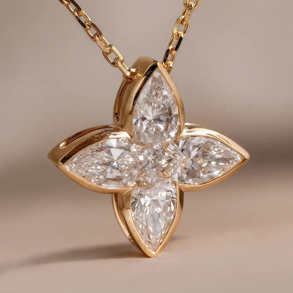 Exquisite S925 Sterling Silver Full Moissanite Pendant Necklace Flower Pear/Round Cut Diamond Neck Chain Jewelry