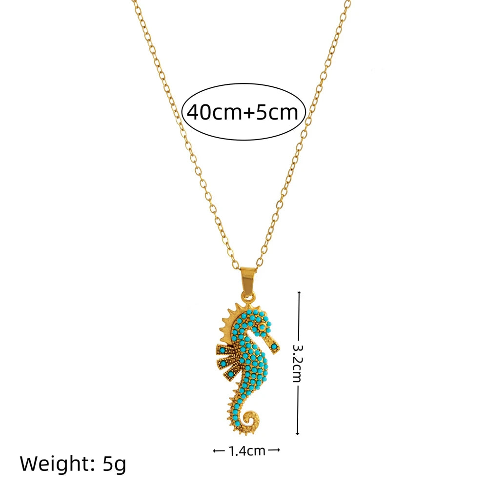 Turquoise Seahorse Pendant Necklace for Women 18K Gold Plated Stainless Steel Ocean Animal Choker Boho Summer Beach Jewelry Gift