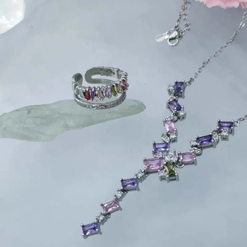 925 Sterling Silver Colorfull Cubic Zirconia Necklaces for Women New Trendy Shine Geometric Collar Fashion Evening Party Jewelry