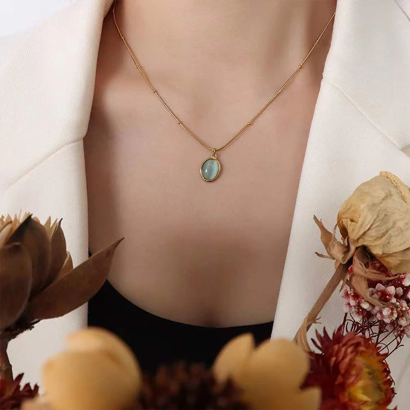 925 Sterling Silver Oval Sea Blue Pendant Necklace Exquisite Cat Eye Stone Lock Bone Chain Jewelry