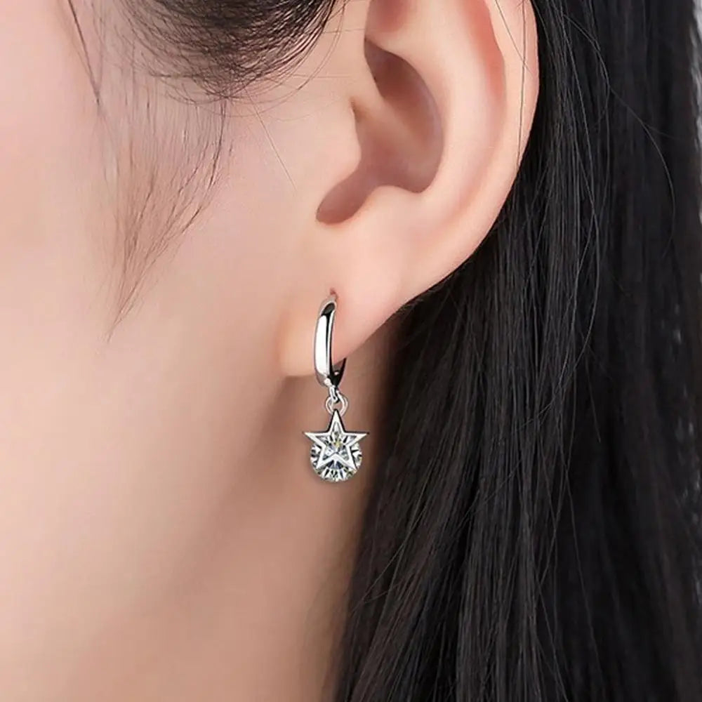 New 925 Sterling Silver Zircon Crystal Star Charm Stud Earrings Fine Jewelry