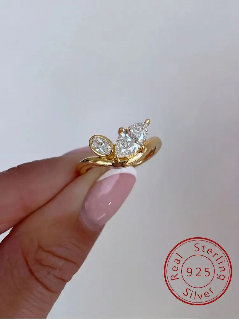 925 Sterling Silver V-Shape Marquise Zircon Ring Luxury Fine Jewelry
