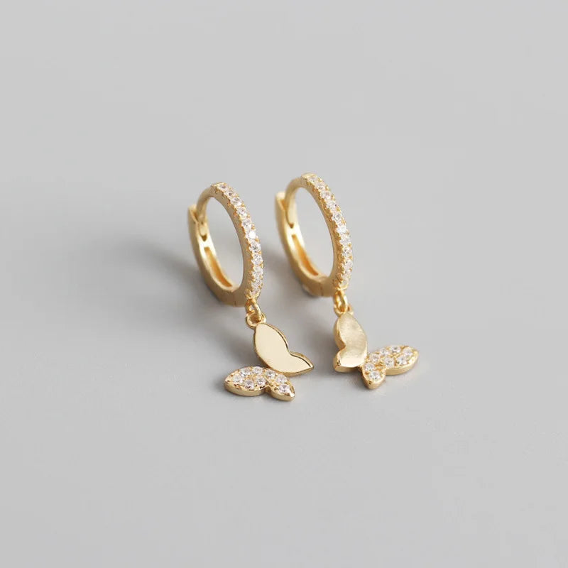 Real 925 Sterling Silver18k Gold Plated Pure Zircon Butterfly Hoop Earrings Fine Jewelry