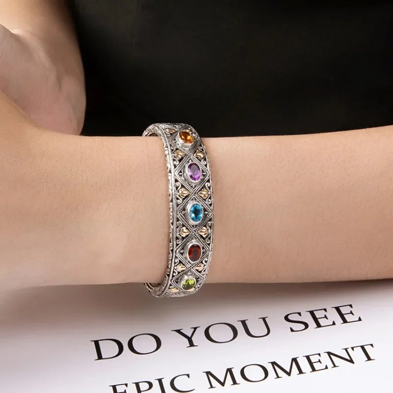 New 925 Silver Luxury Inlaid Colored Gemstone Bangle Bracelet Fine Jewelry
