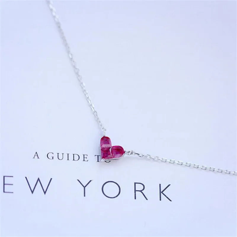 Fine 925 Sterling Silver Sweet Heart Shaped Red Crystal Pendant Necklace
