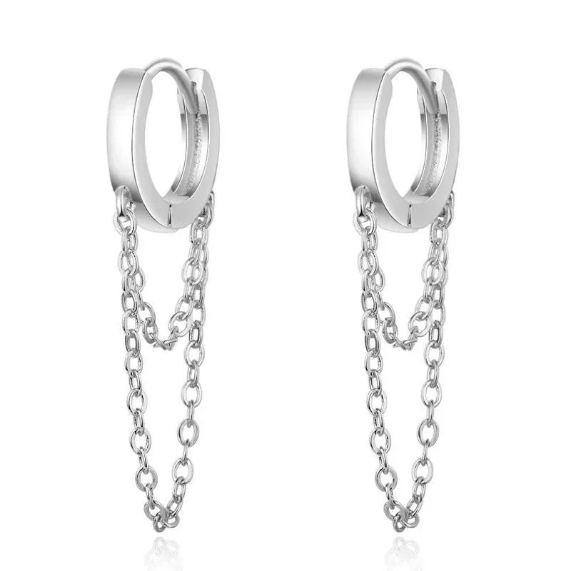 New 925 Sterling Silver Double Layer Tassel Hoop Earrings Fine Fashion Jewelry