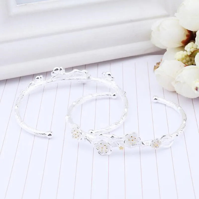 New 925 Sterling Silver Jewelry Exquisite Cherry Flower Blossom Branches Bracelet