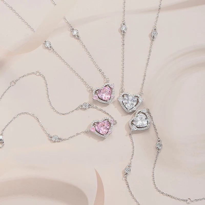 Fine 925 Sterling Silver Zircon Heart Pendant Necklace Designer Jewelry