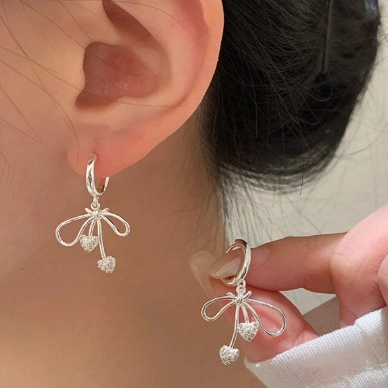New 925 Sterling Silver Charming Hollow Love Heart Bow Hoop Earring Luxury Jewelry