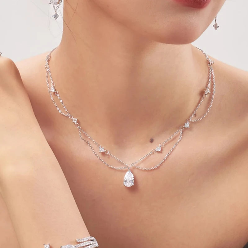 Fine 923 Sterling Silver Double Water Droplet Shape Choker AAA Zircon Chain Necklace Fine Jewelr