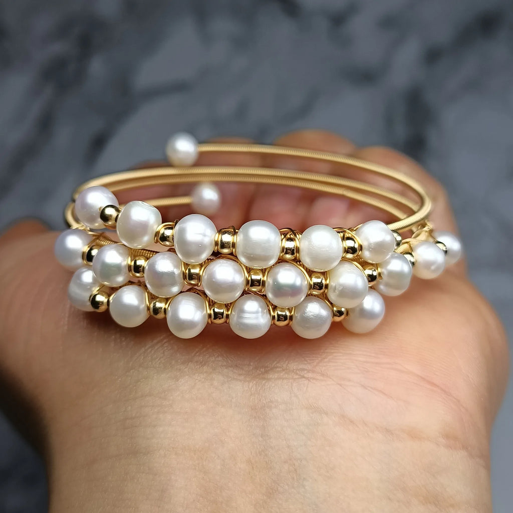 High Quality 100% Natural Freshwater Pearl 14K Gold Filled Three Layers Bangle Bracelet