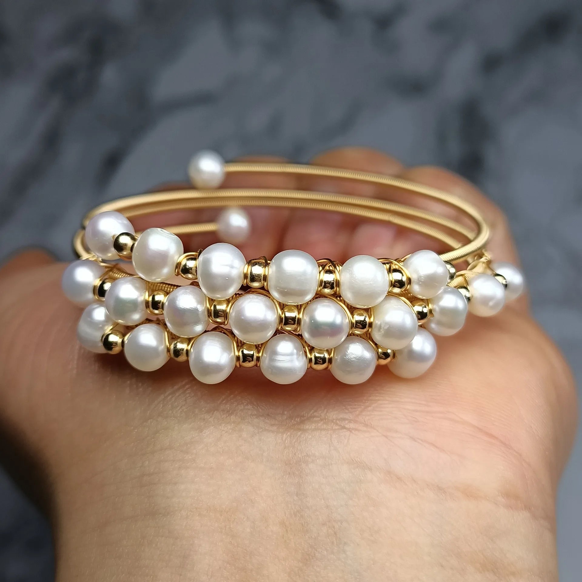 High Quality 100% Natural Freshwater Pearl 14K Gold Filled Three Layers Bangle Bracelet