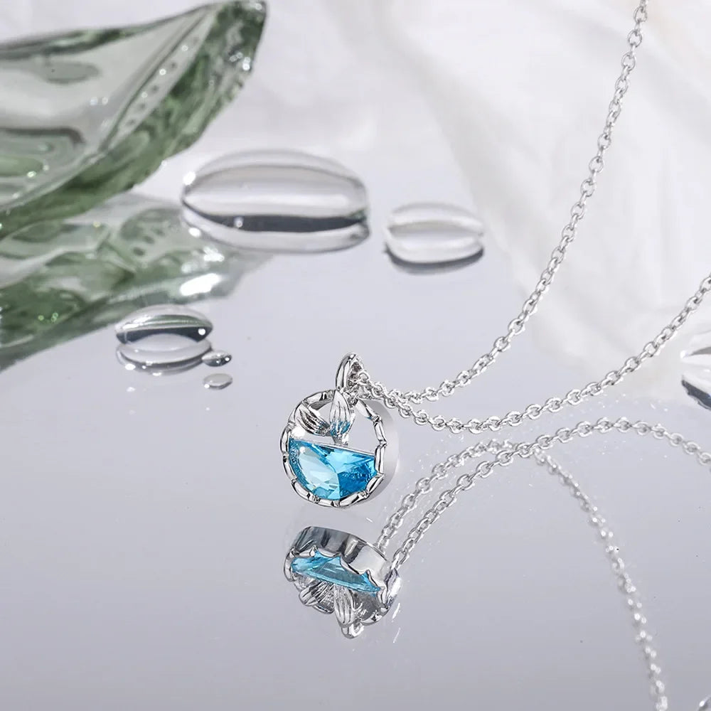 S925 Sterling Silver Mermaid Blue Gemstone Pendant Necklace Jewelry