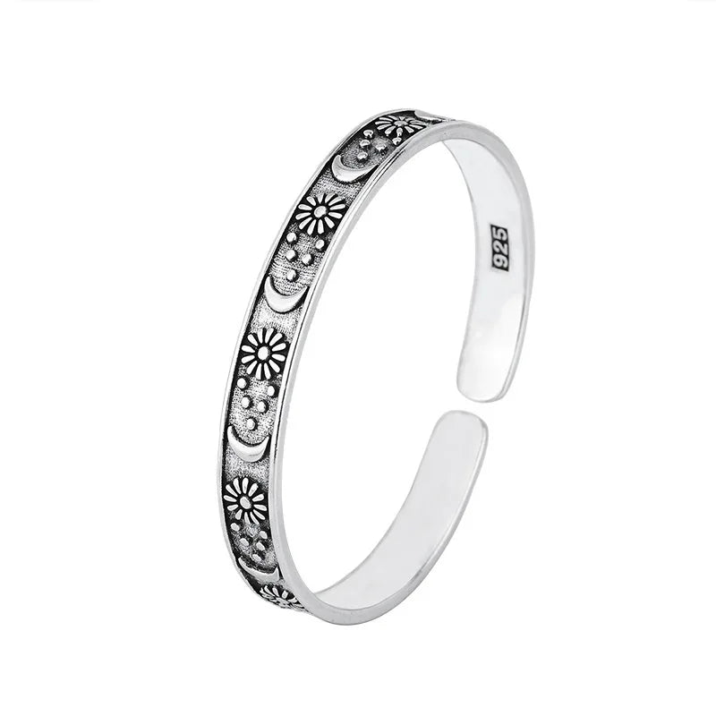 Pure 925 Sterling Silver Retro Personality Star Moon and Flower Bangle Cuff Bracelet