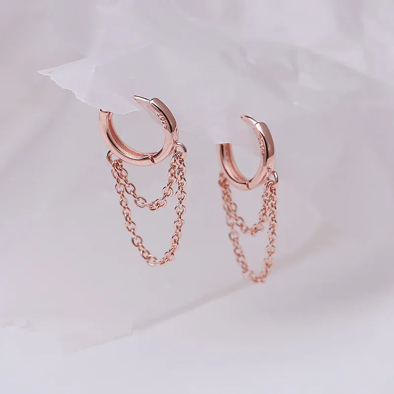 New 925 Sterling Silver Double Layer Tassel Hoop Earrings Fine Fashion Jewelry