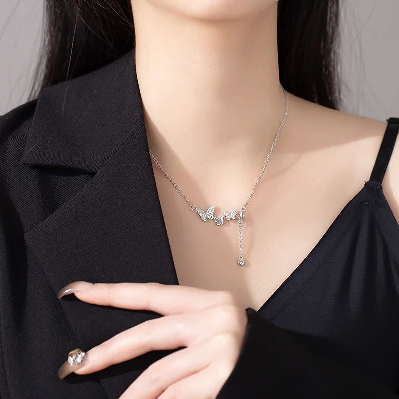 Fine 925 Sterling Chain Silver Butterfly Necklace Fashionable Tassel Collarbone Jewelry