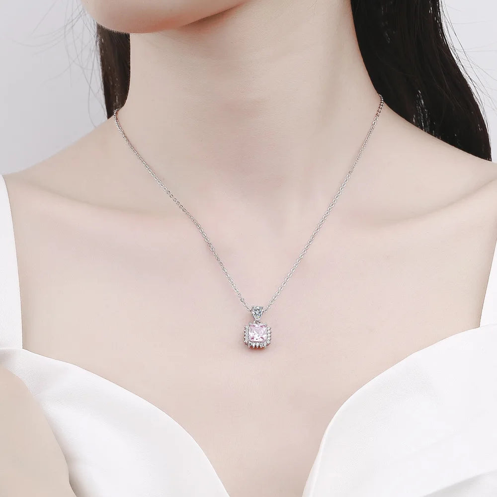 Fine 925 Sterling Silver Necklace Pendant Charm Shining Pink Zircon Jewelry