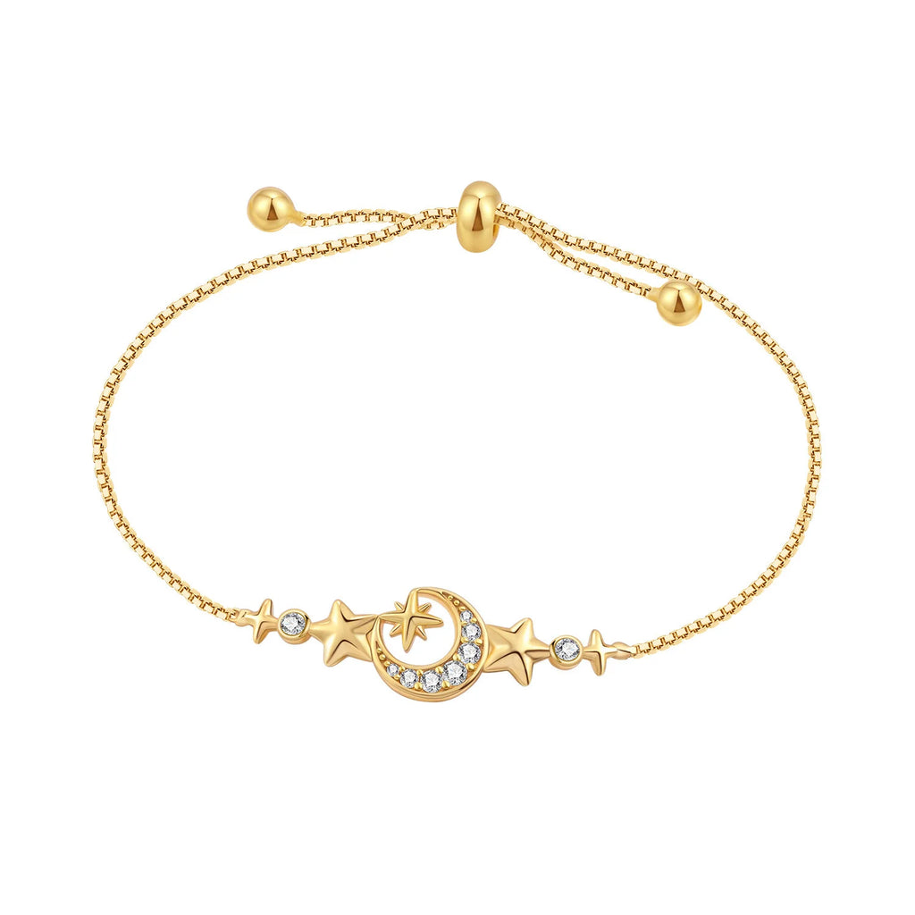 S925 Sterling Silver 18K Gold Plated Star Moon Bracelet Fine Jewelry