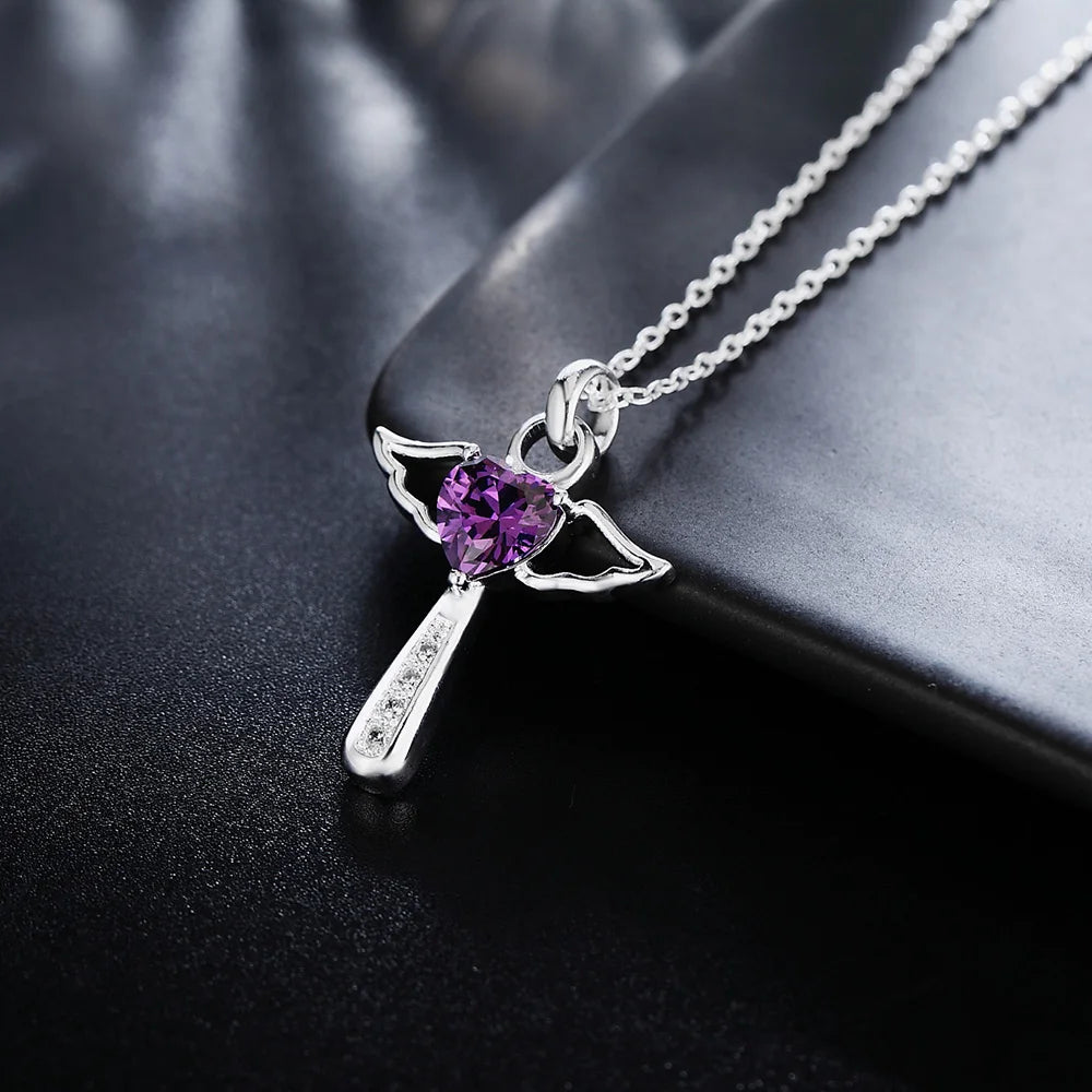 Fine 925 Sterling Silver Angel Noble Crystal Cross Pendants Necklace Jewelry