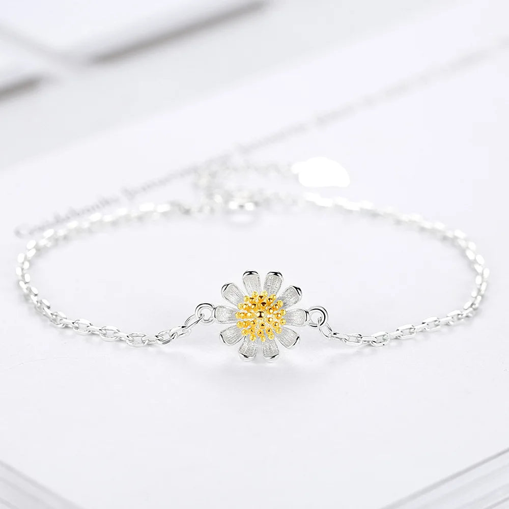 S925 Sterling Silver Bracelet Simple Sunflower Small Daisies Chrysanthemum Bracelet Fine Jewelry
