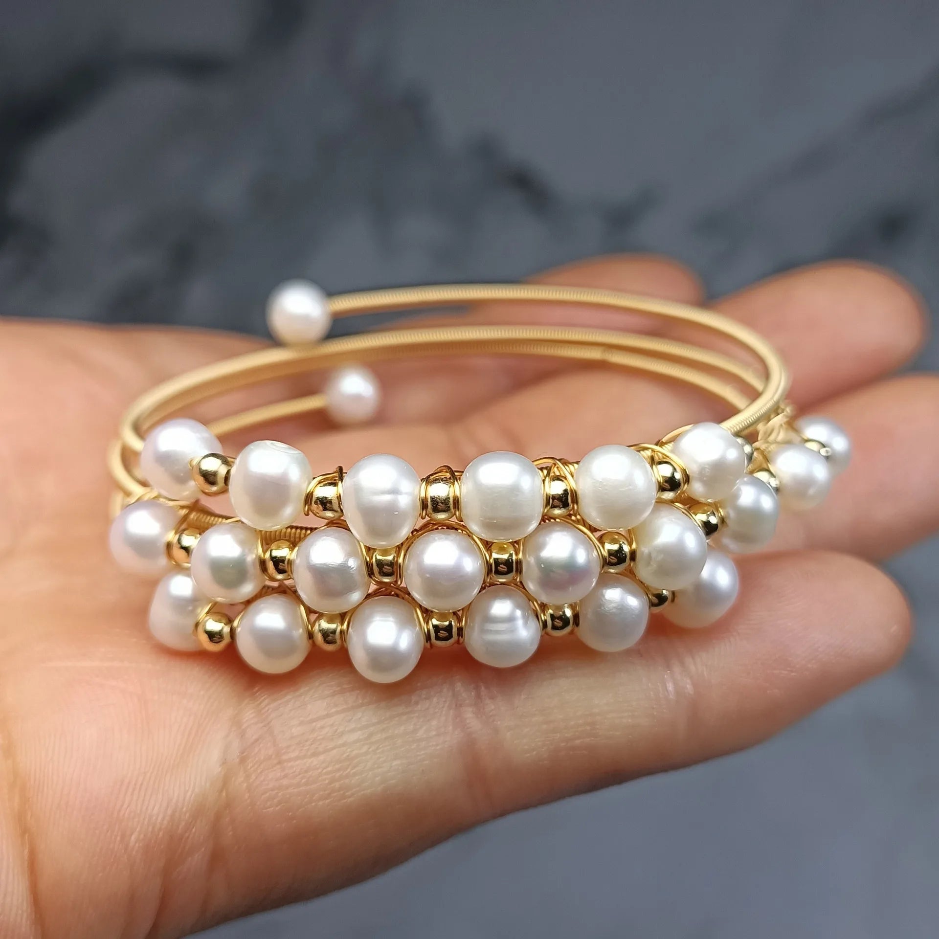 High Quality 100% Natural Freshwater Pearl 14K Gold Filled Three Layers Bangle Bracelet