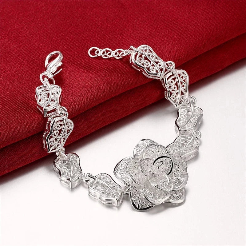 Pure 925 Sterling Silver Bracelet Beautiful Big Flower Fine Luxury Jewelry