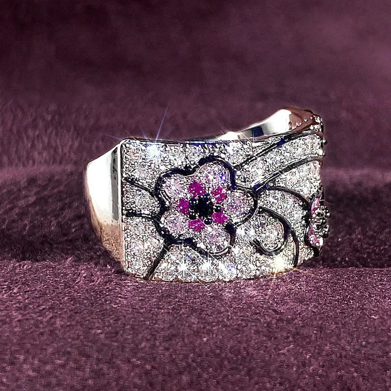 925 Sterling Silver Sparkling Zircon Amethyst Flower Design Ring Fine Jewelry
