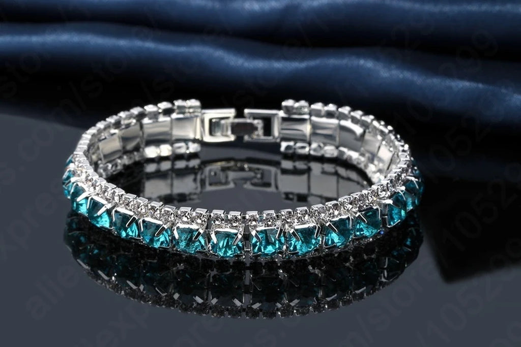  925 Sterling Silver Bohemian Blue Rhinestone Cubic Zircon Bangle Bracelet
