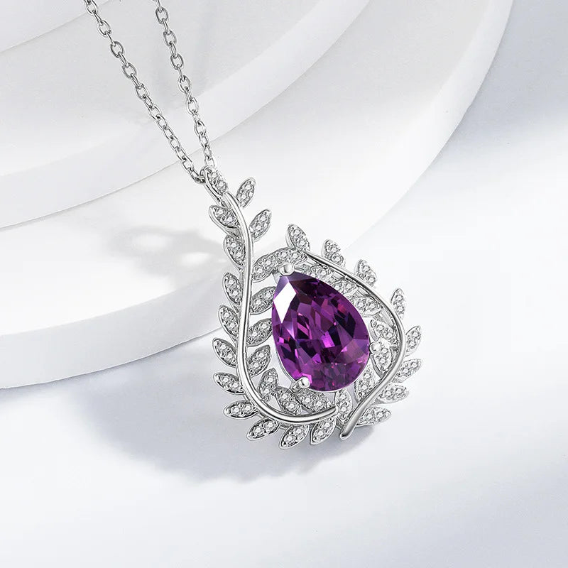Pure 925 Sterling Silver Purple Zircon Pendant Necklace Premium Leaf Design Elegant Clavicle Chain