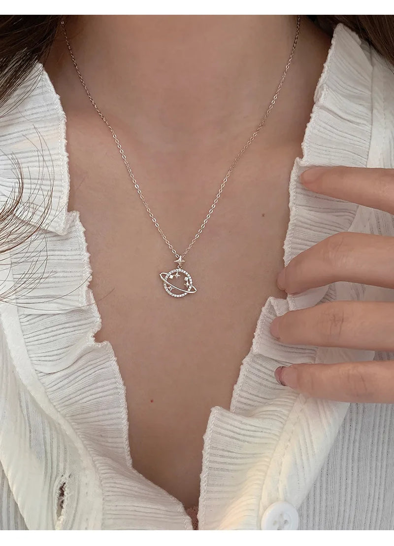 Celestial 925 Sterling Silver Chain Collarbone Necklace Planet Star Zircon Pendant Chain