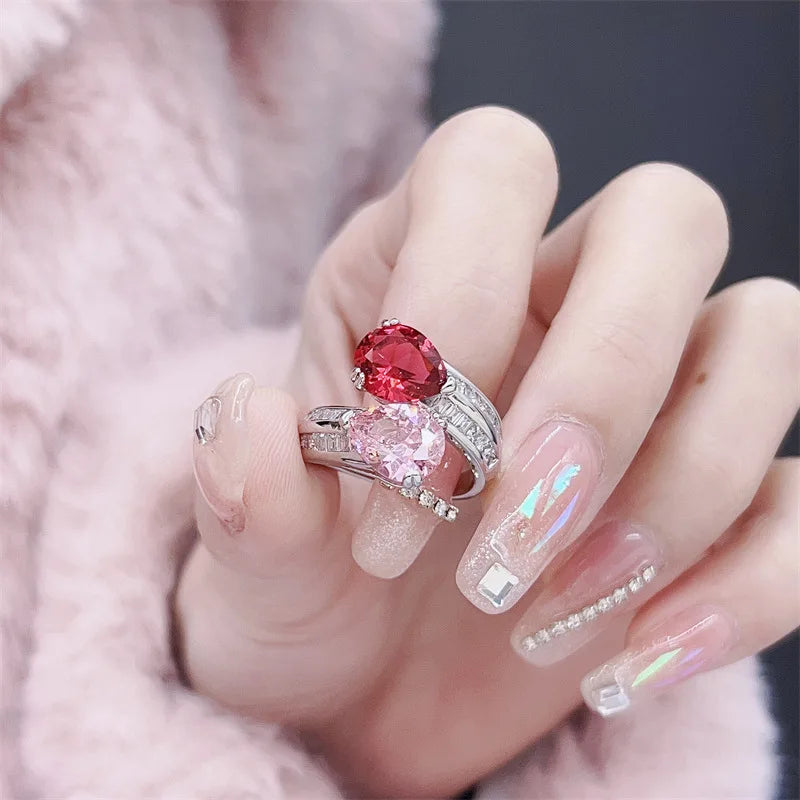 925 Sterling Silver Luxury Sparkling Zircon Pink and Ruby Gemstone Adjustable Ring Fine Jewelry