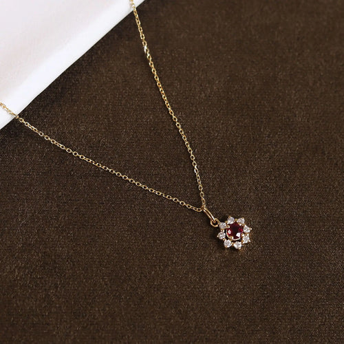 925 Sterling Silver 14K Gold Plated Red Zircon Sun Pendant Necklace Jewelry