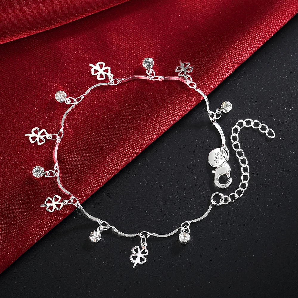 New 925 Sterling Silver Lucky 4 Leaf Clover Pure Zircon Chain Bracelet Fine Jewelry