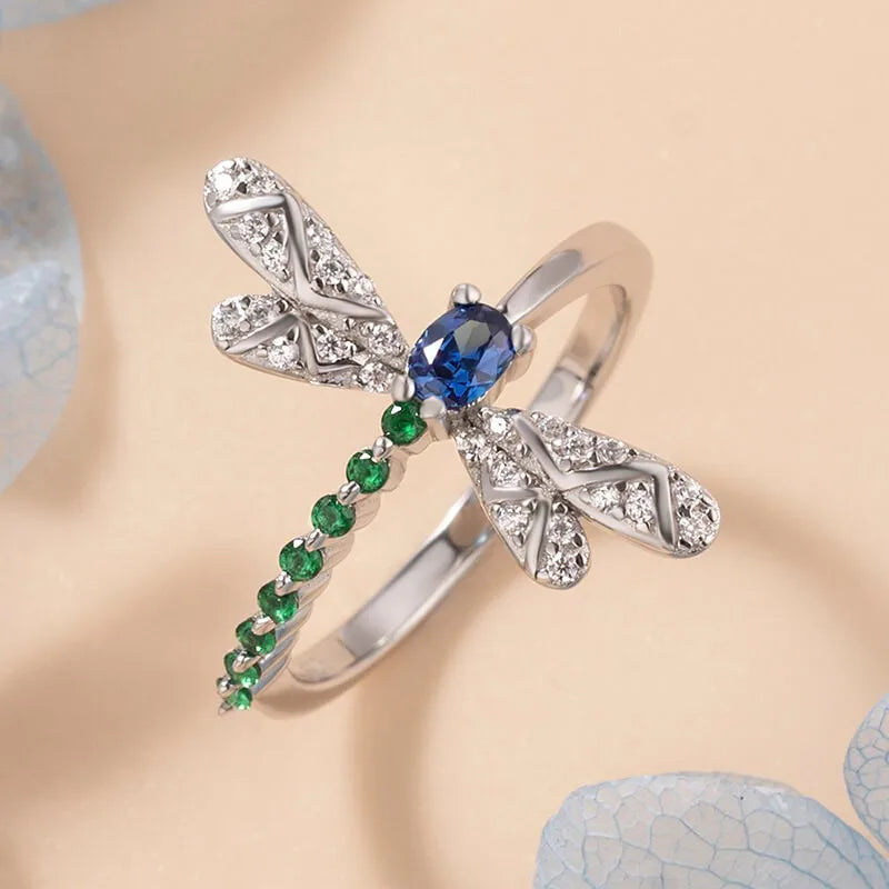 925 Sterling Silver Dragonfly Ring Blue Green Real CZ Stones Fine Jewelry