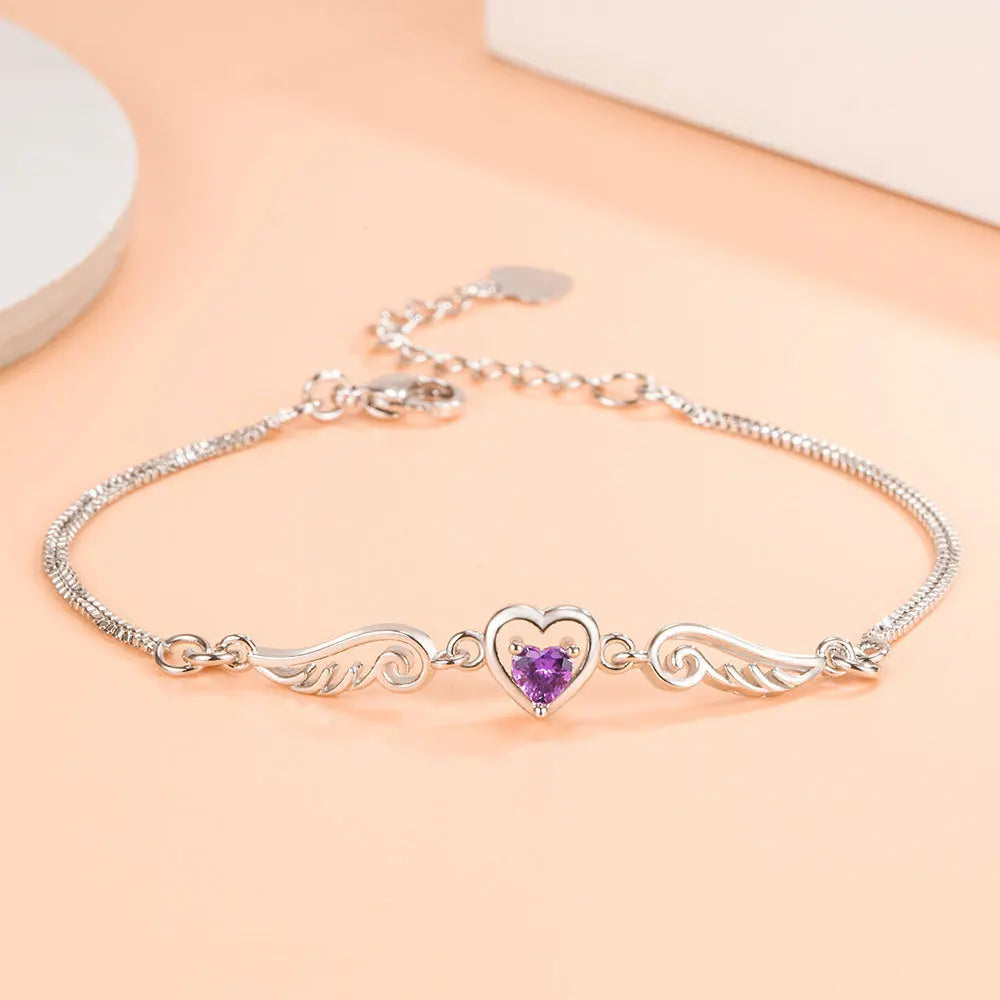 Luxurious 925 Sterling Silver Purple/White Heart Shaped Zircon Wings Bracelet Fashion Jewelry