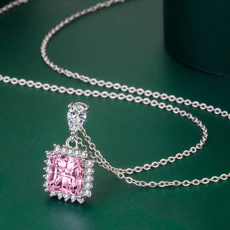 Fine 925 Sterling Silver Necklace Pendant Charm Shining Pink Zircon Jewelry