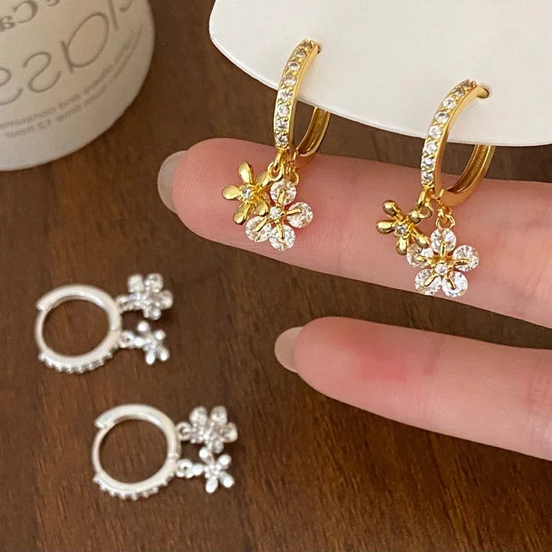 New 925 Sterling Silver 18k Gold Plated Zircon Flower Pendant Hoop Earrings Fine Jewelry