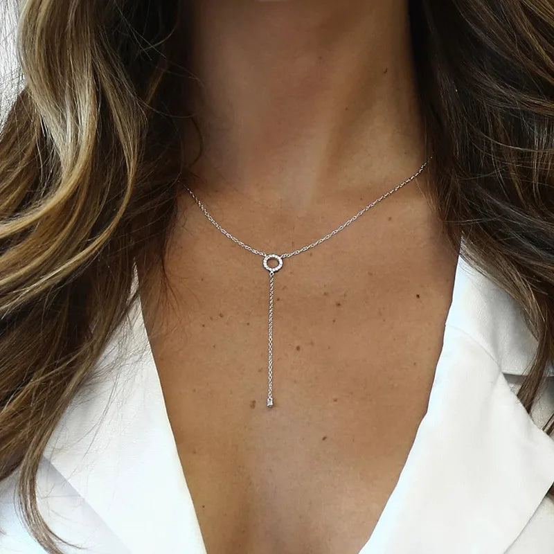 S925 Sterling Silver Double-Deck Circle Zircon Pendant Long O-Chain Choker Necklace Fine Jewelry