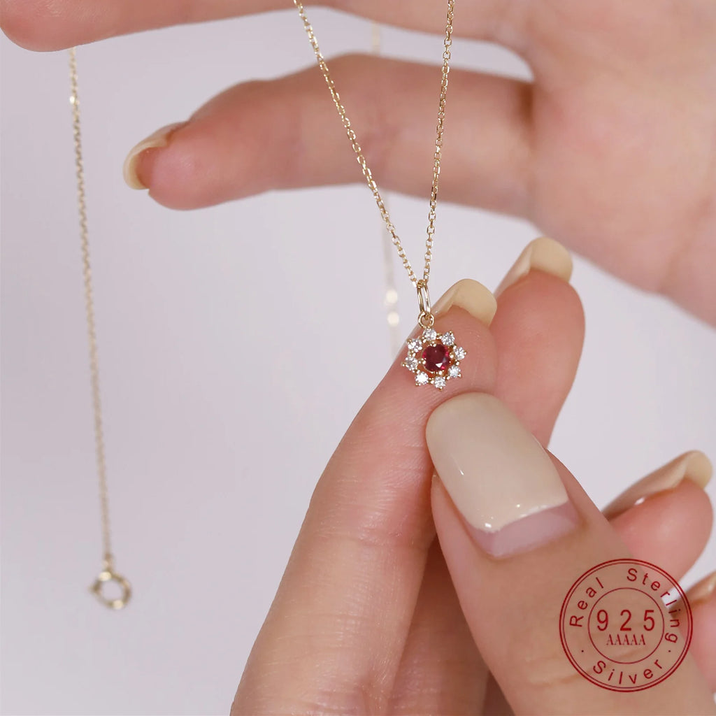 925 Sterling Silver 14K Gold Plated Red Zircon Sun Pendant Necklace Jewelry