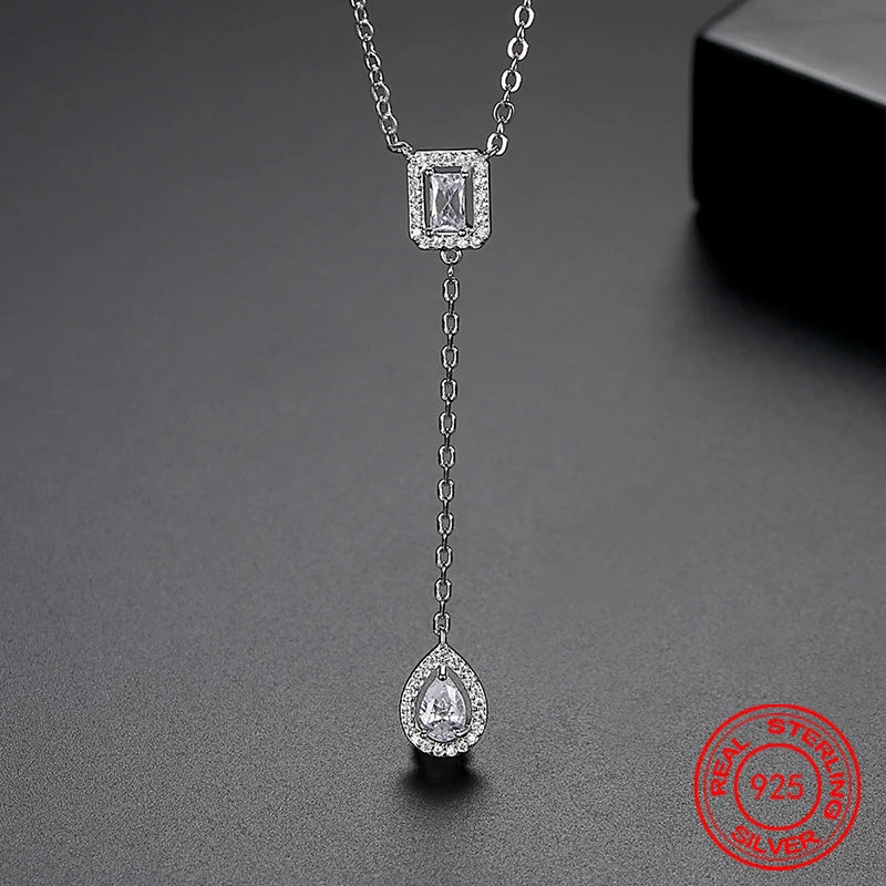 925 Sterling Silver 18K Gold Water Drop Zircon Long Chain Fashion Charm Jewelry