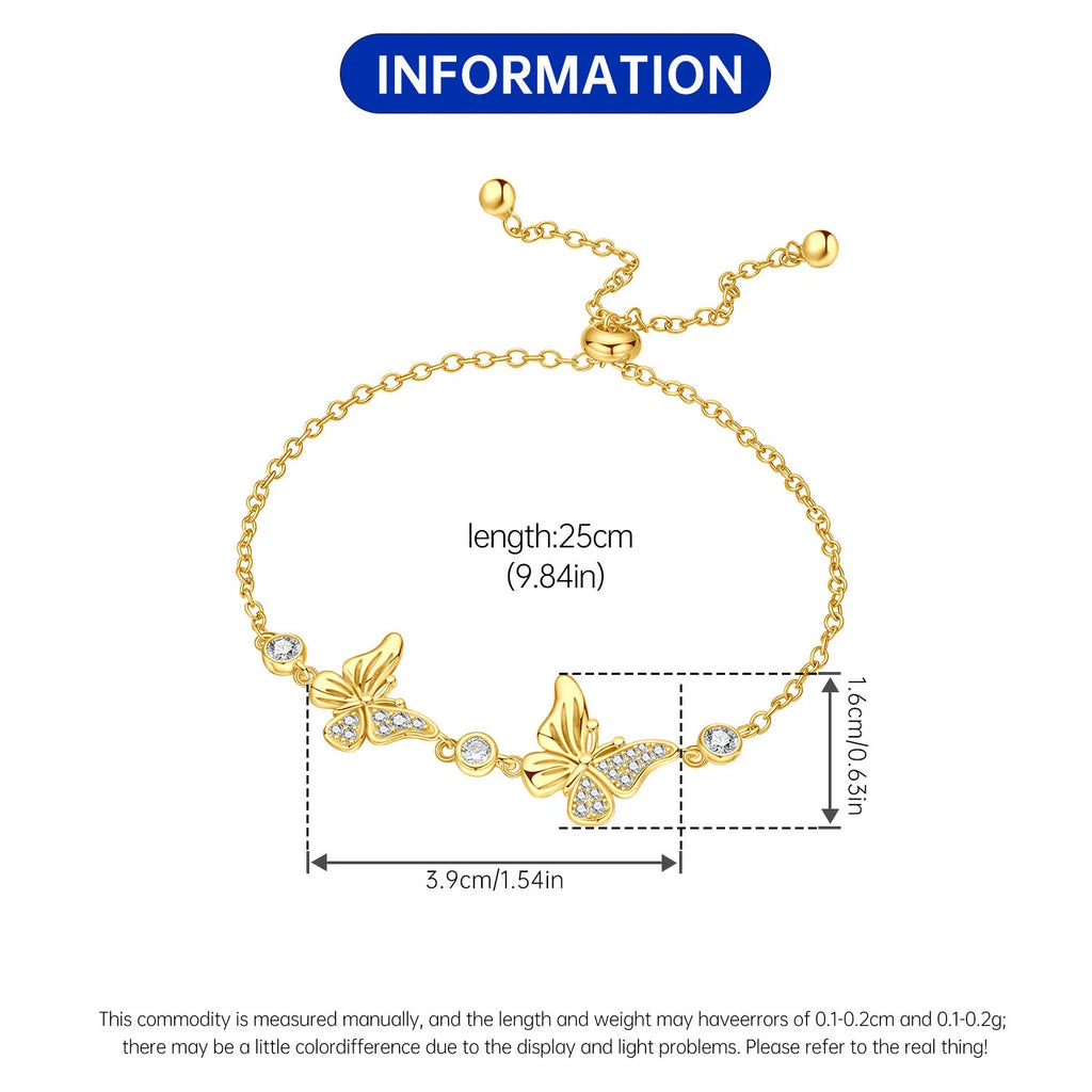 925 Sterling Silver Gold Plated Double Butterfly Adjustable Slider Bracelet Delicate Feminine Jewelry