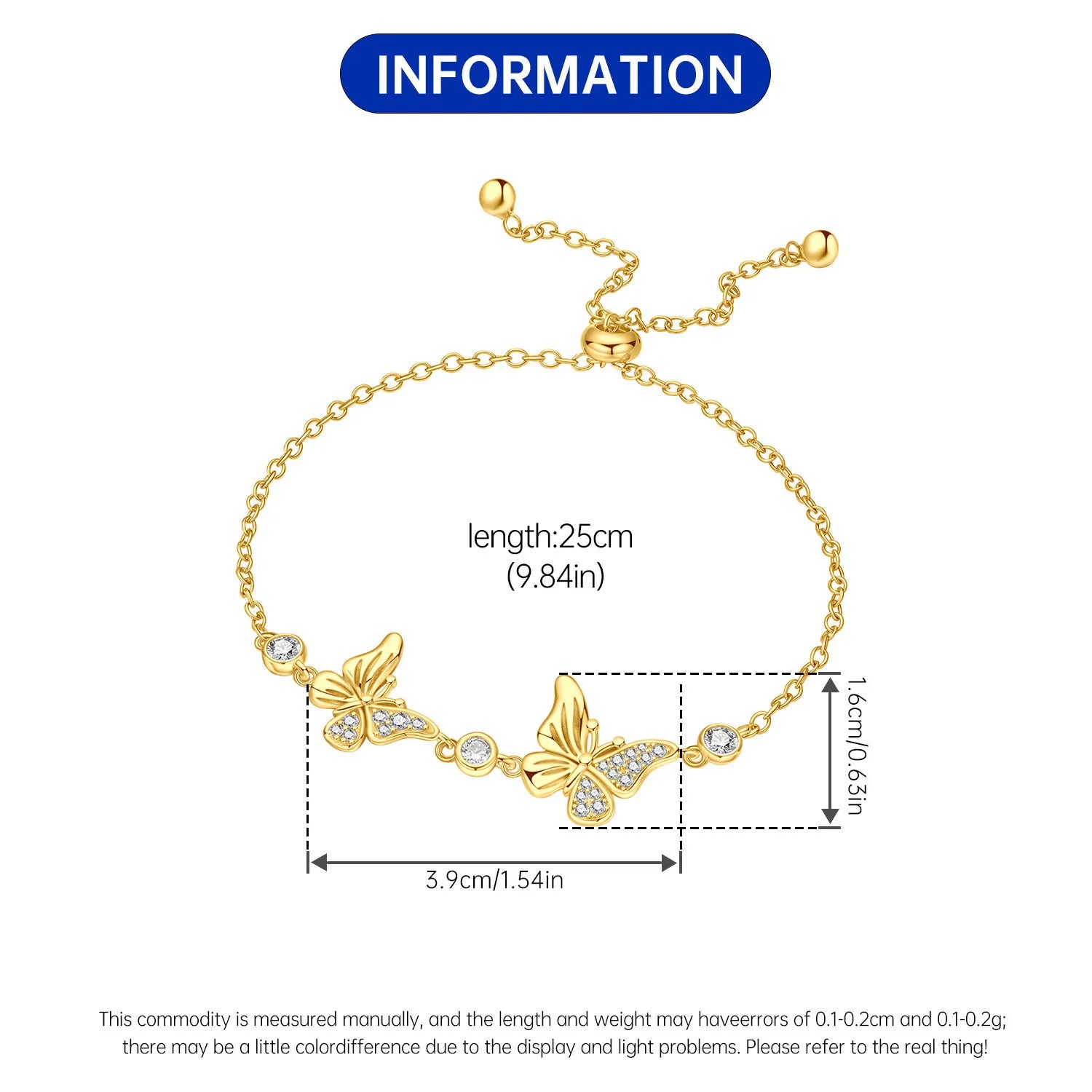 925 Sterling Silver Gold Plated Double Butterfly Adjustable Slider Bracelet Delicate Feminine Jewelry