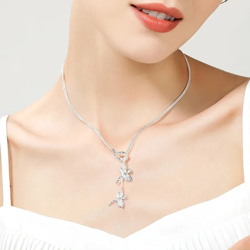 925 Sterling Silver Two Dragonfly Pendant Necklace for Women Snake Chain Necklace Jewelry