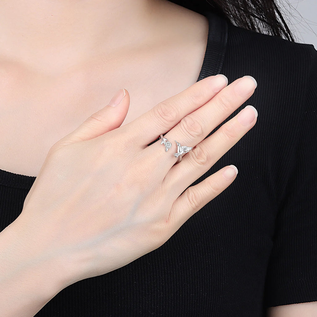 S925 Sterling Silver Humming Bird Flower Adjustable Ring Fine Jewelry