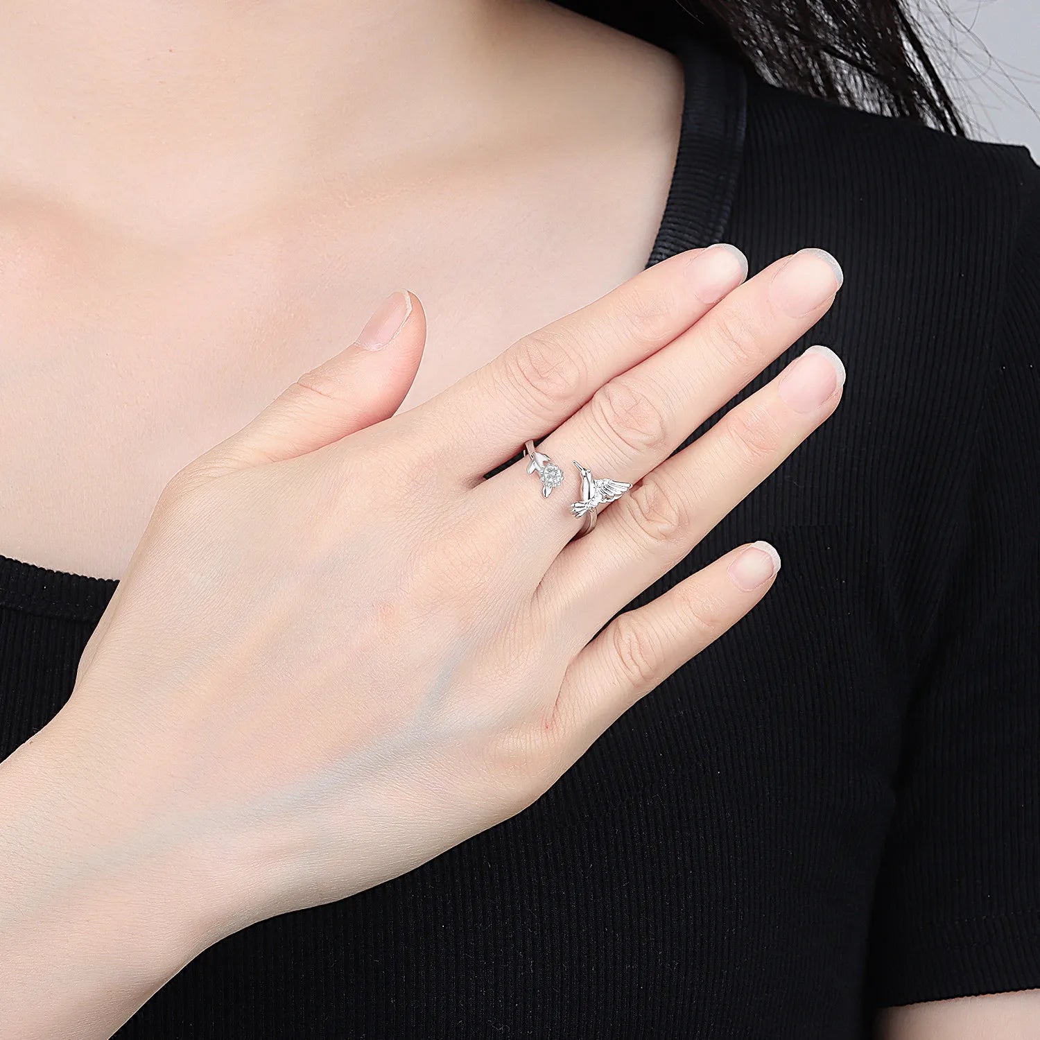 S925 Sterling Silver Humming Bird Flower Adjustable Ring Fine Jewelry