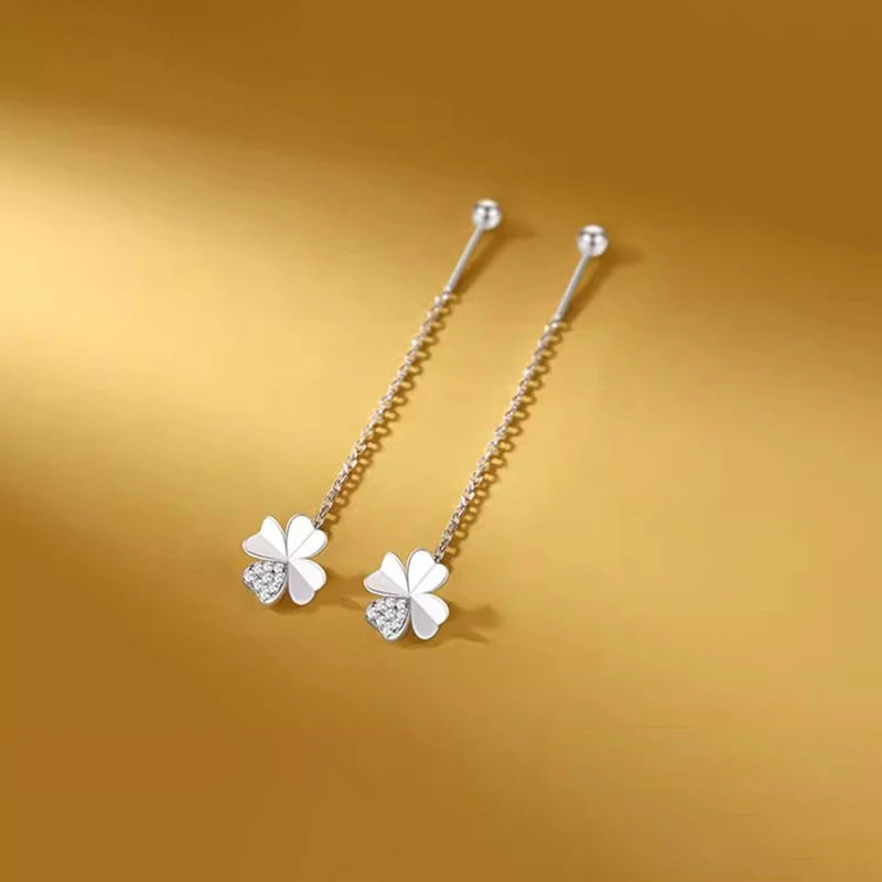 New 925 Sterling Silver Stamp Pure Zircon 4 Leaf Clover Chain Tassel Earrings Fine Jewelry