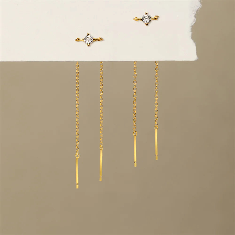 Fine 925 Sterling Silver 18k Gold Plated Zircon Tassel Chain Earrings Fine Jewelry