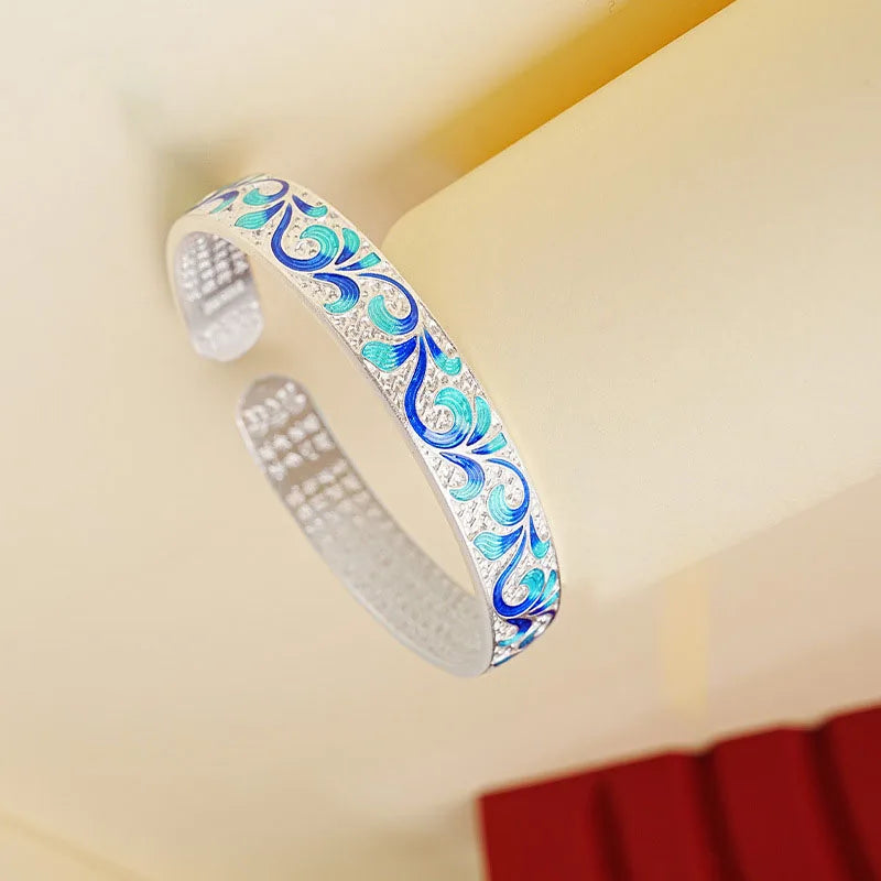 New Sterling Silver 925 Blue Green Enamel Roll Pattern Bangle Cuff Bracelet