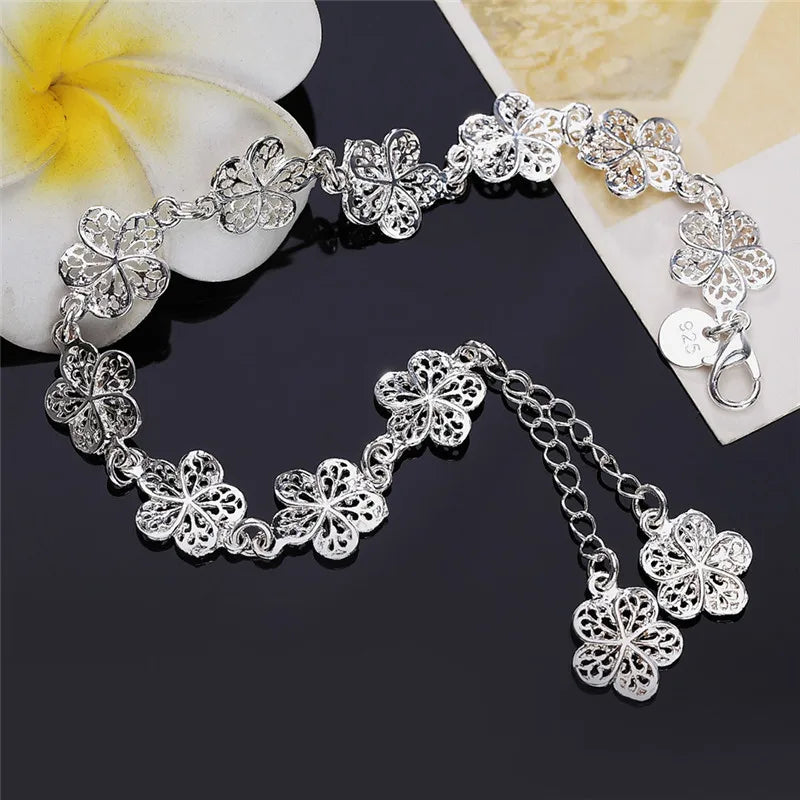 New 925 Sterling Silver Bracelet Beautiful Flowers Fine Jewelry