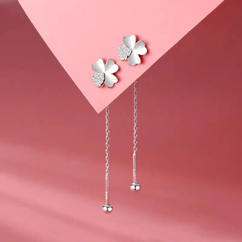 New 925 Sterling Silver Stamp Pure Zircon 4 Leaf Clover Chain Tassel Earrings Fine Jewelry